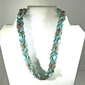 Braided Necklace 16″ Teal Brown and Gold Beads